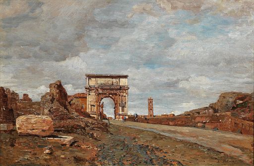 View of the Arch of Titus Vespasian and Surrounding Ruins in the Forum Romanum. In the Foreground the Via Sacra with Decorative Figures (1879)