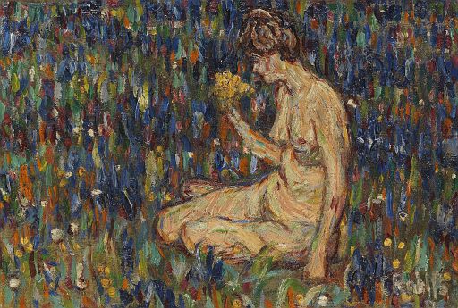 Female Nude with a Yellow Flower Bouquet [Girl on the Grass] (c.1905)